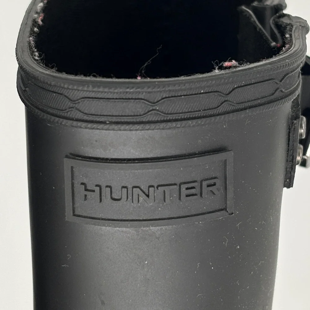 Hunter Refined Biker Rain Boots Woven Strap Black Women Size 9 Rubber Lug Sole